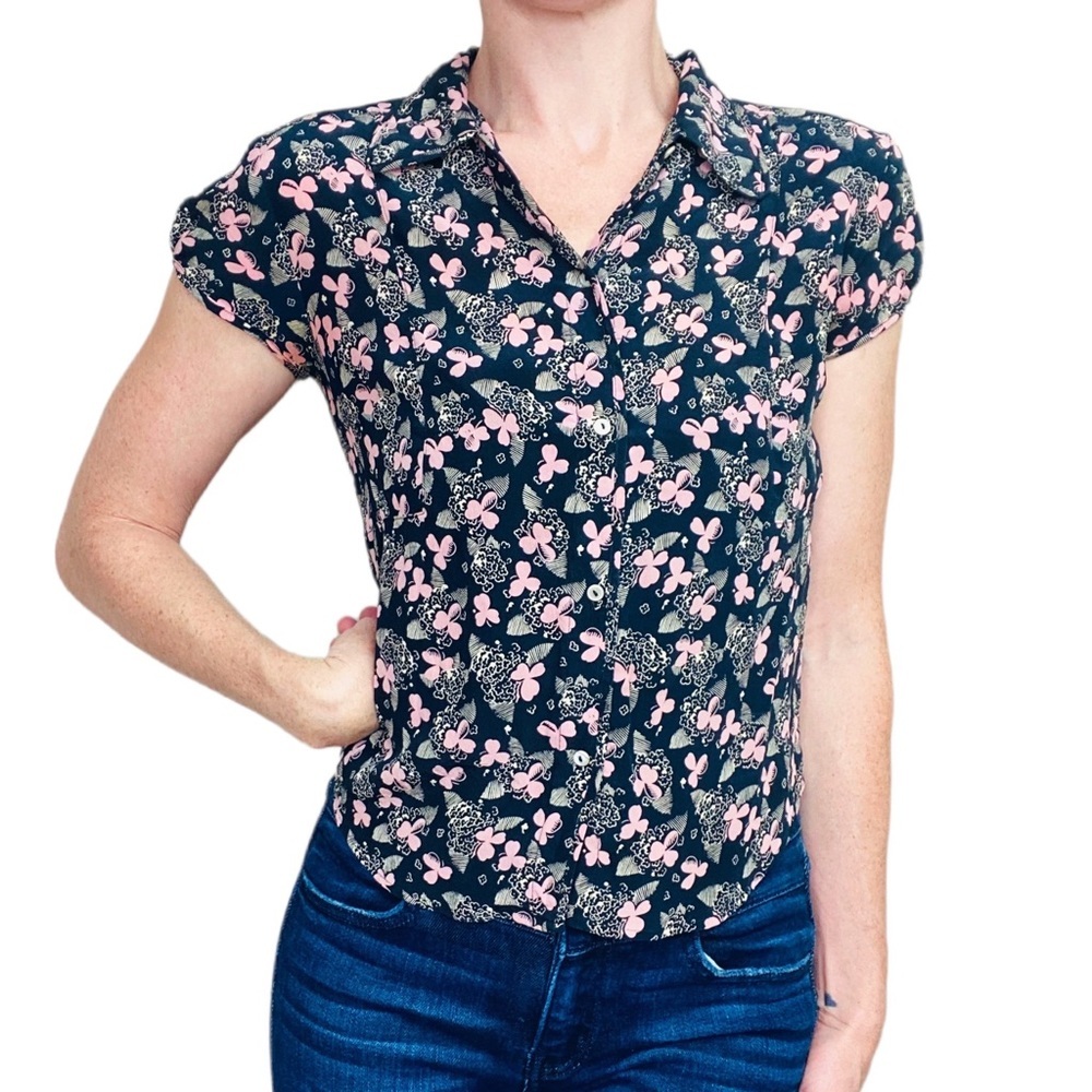 MaxMara Weekend Line Black & Print Floral Abstract Silk Blouse